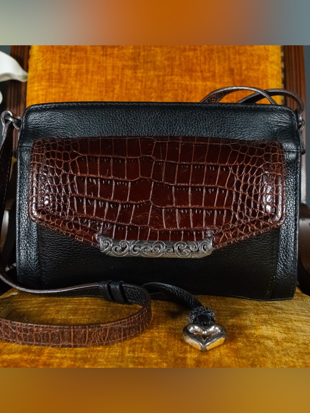 Brighton Black Leather Crossbody with Brown Croc-Texture Flap and Silver Accent